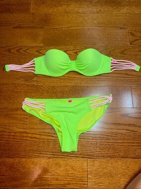 Victoria's Secret 32B/ Small Neon Lime Bandeau Bikini with Pink Braided Straps